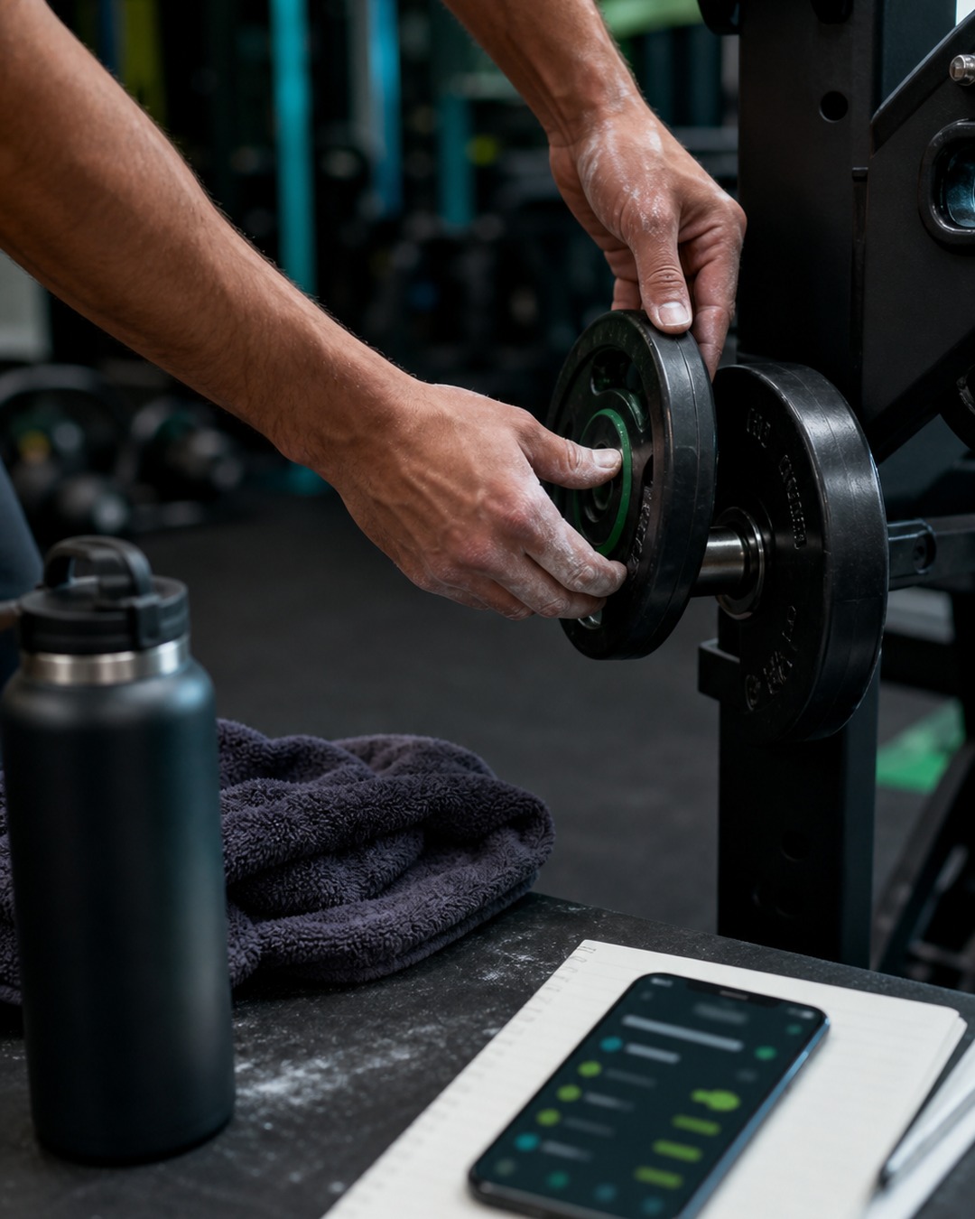 Faceless hands loading gym equipment beside a workout tracker and water bottle