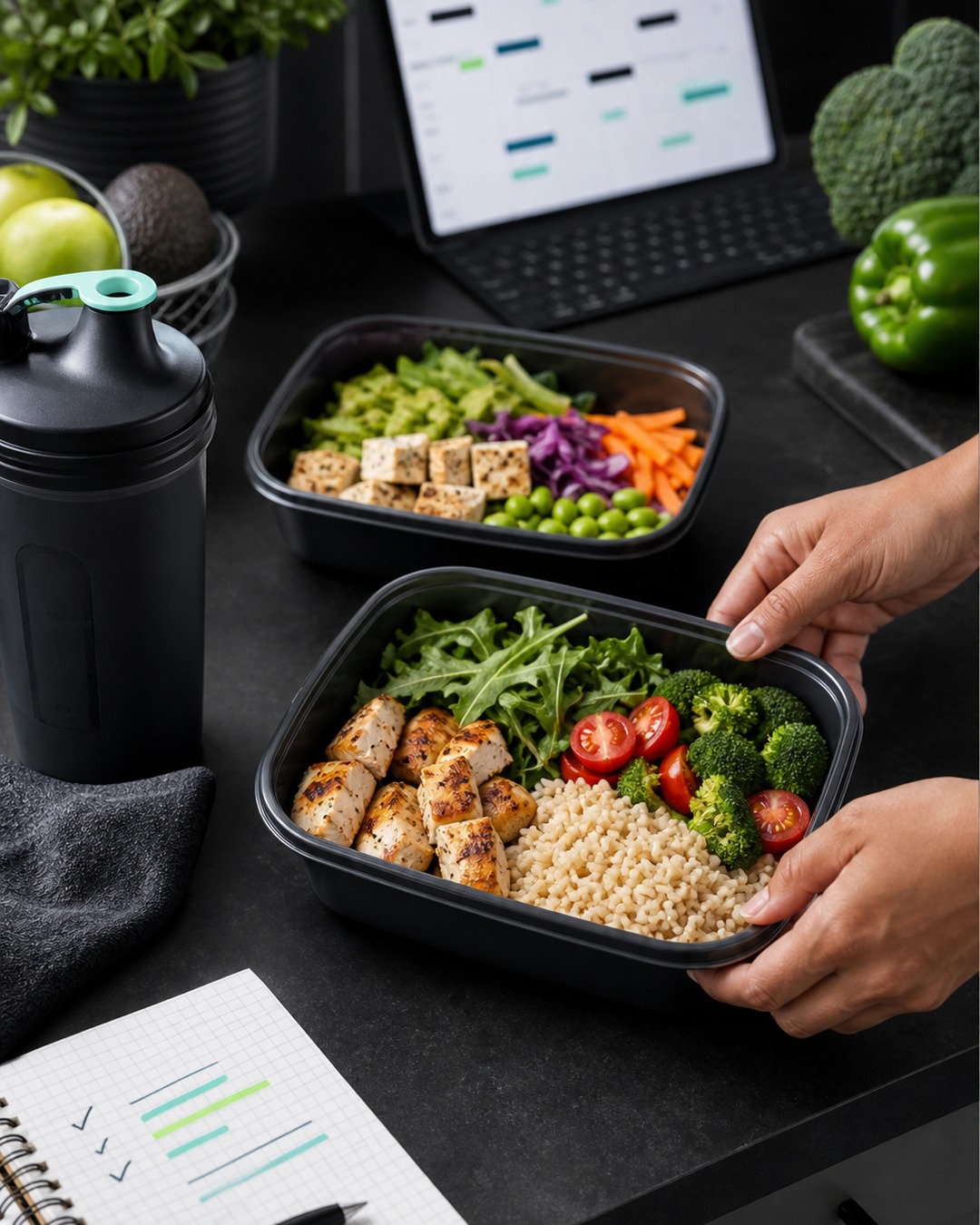 Faceless high-protein meal prep containers beside a laptop, tracker, and shaker bottle
